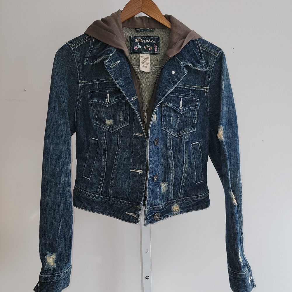 Star Y2K Distressed Jean Jacket Layer Look Zip Up Hooded Medium